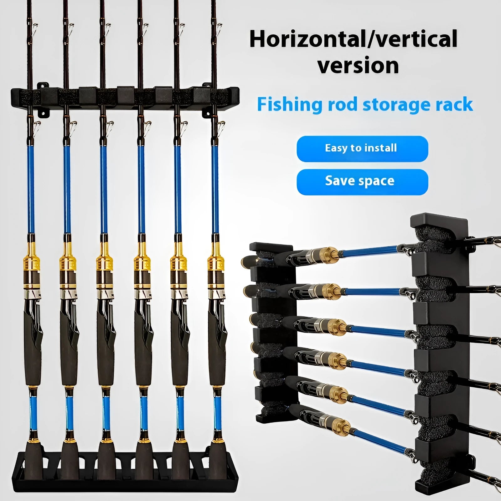 Black ABS plastic wall-mounted fishing rod holder with self-tapping screws