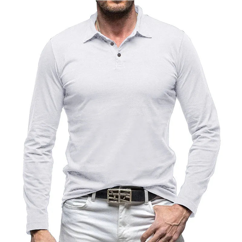 Men's polo collar long sleeve cotton T-shirt in American retro style, shown in dark grey.