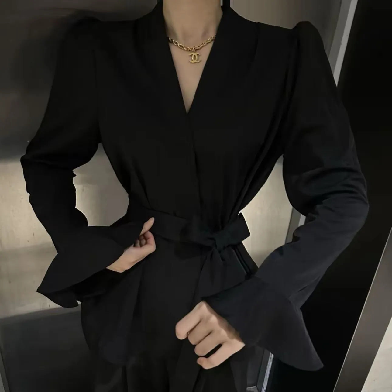 Women's French-style irregular collar long sleeve shirt with bell sleeves in a wine red colour.