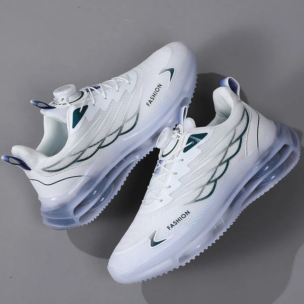 White men's casual running shoes with rotating button closure and mesh uppers
