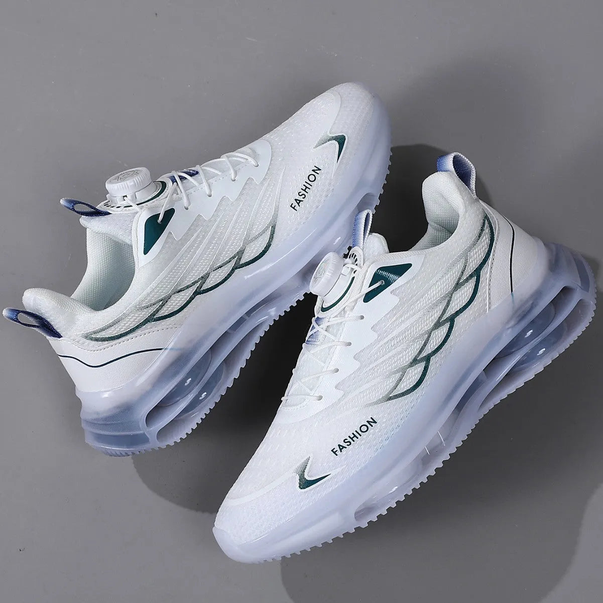 White men's casual running shoes with rotating button closure and mesh uppers