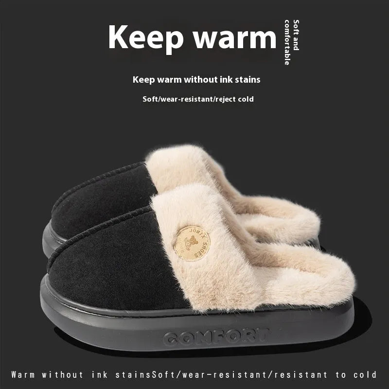 Fleece indoor slippers with thick PVC soles in various colours showing car stitching detail