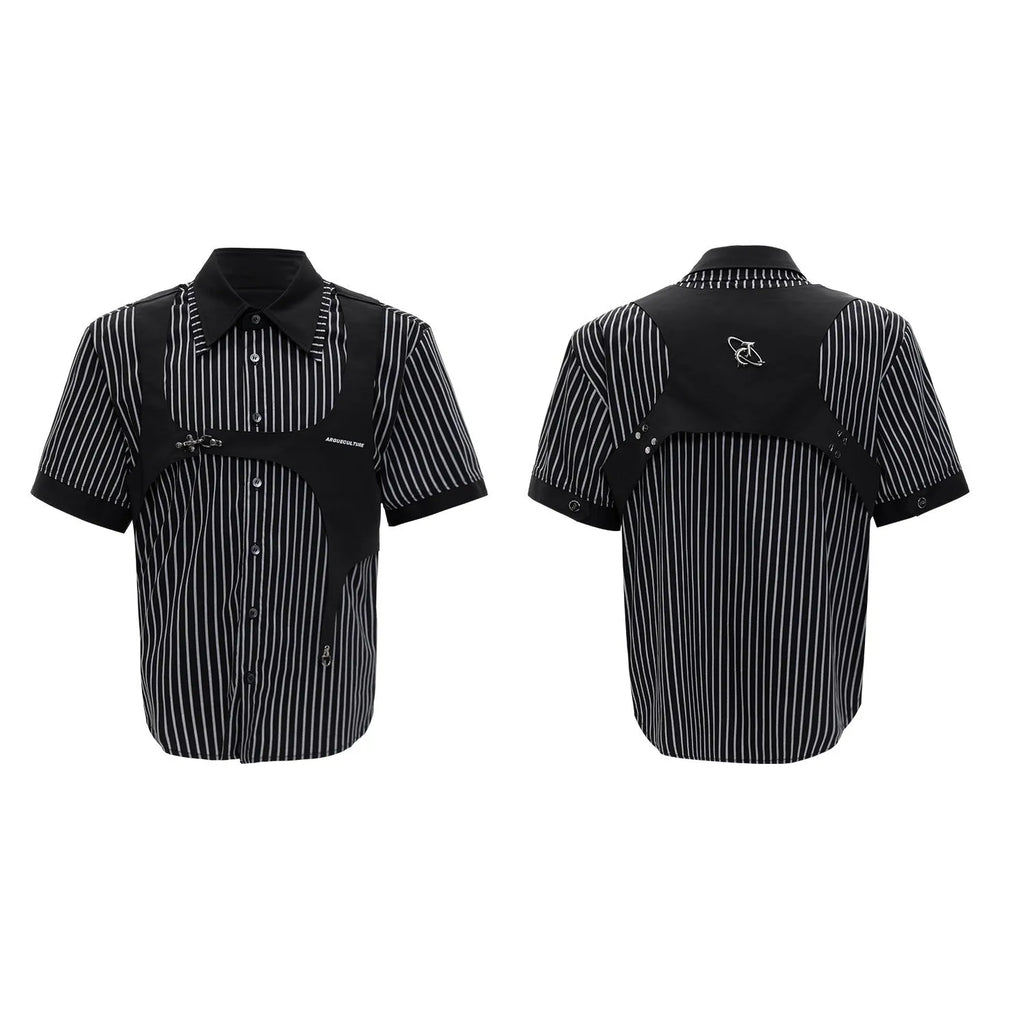 Men's silver sapporo striped cotton shirt with double collar lapel design and short sleeves