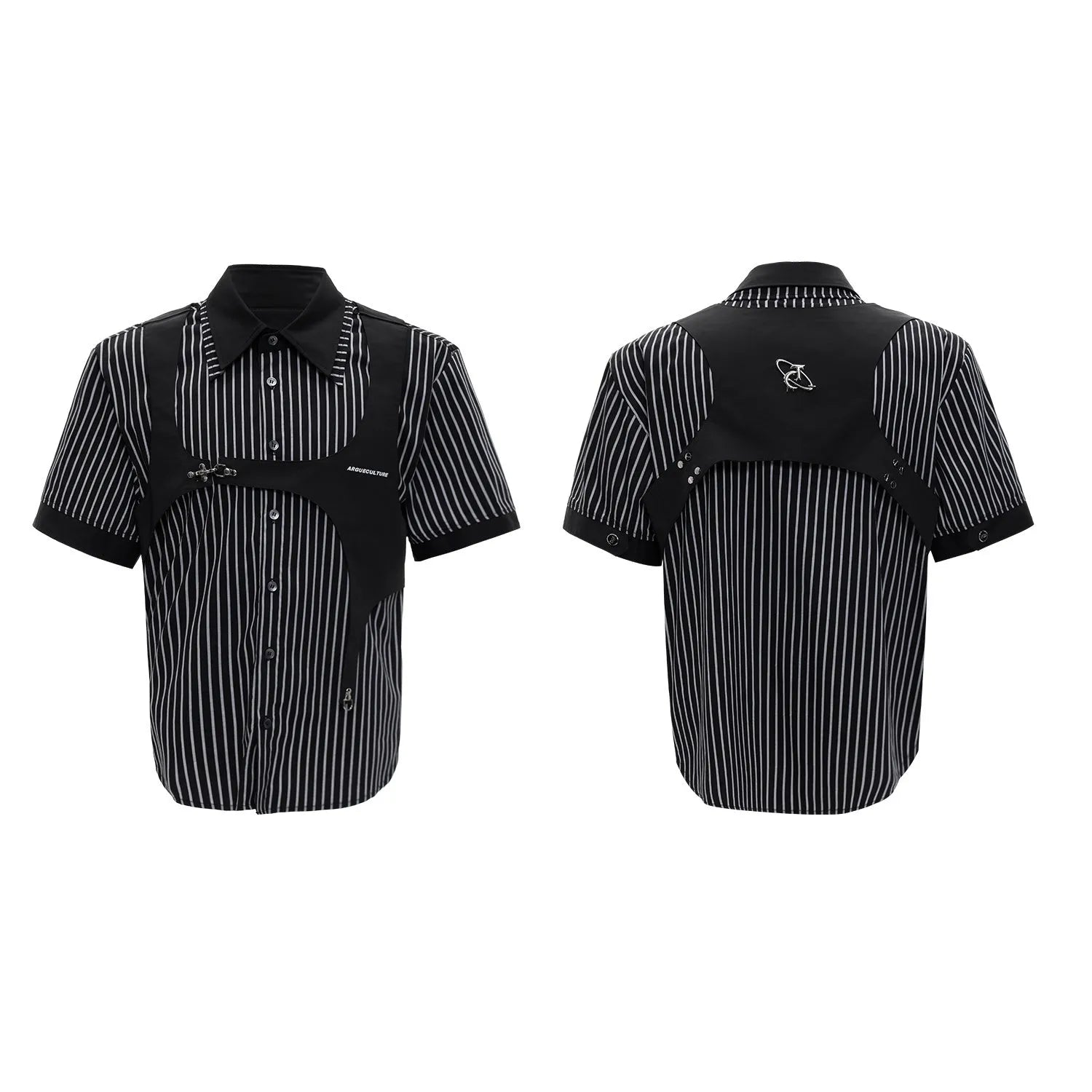 Men's silver sapporo striped cotton shirt with double collar lapel design and short sleeves