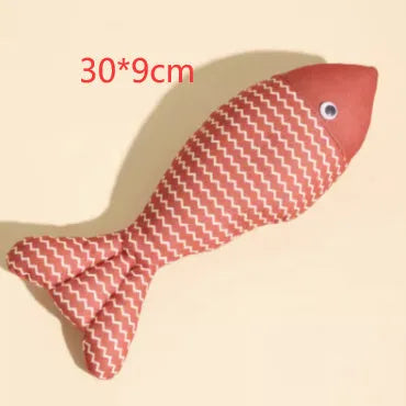 Catnip stuffed fish toy for cats in blue, red and yellow colour options showing large and medium size comparison