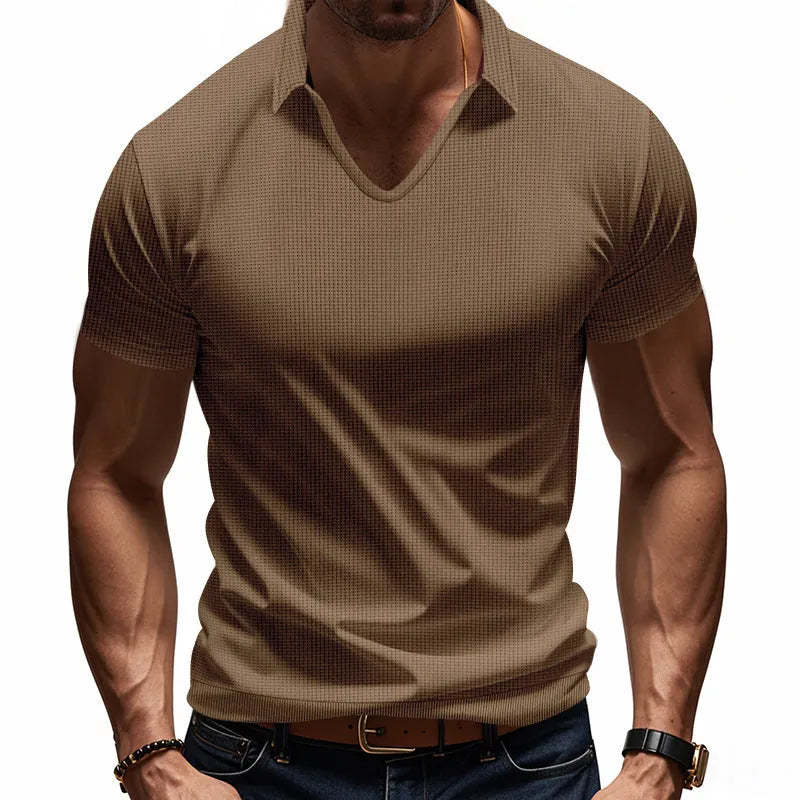 Men's loose casual V-neck short sleeve t-shirt in a light solid colour.