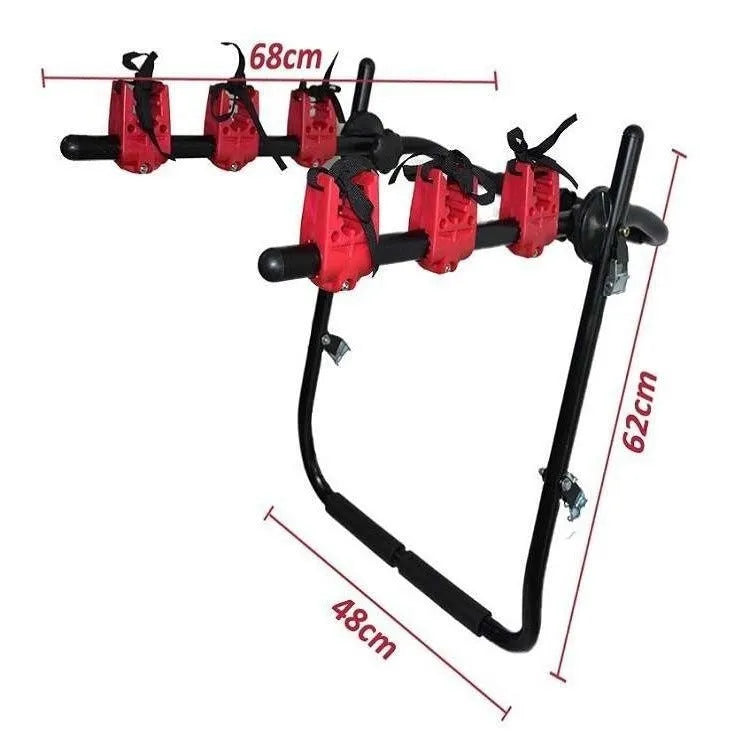 Black and red trunk-mounted car bike rack showing pull belt and tie rope fastening options