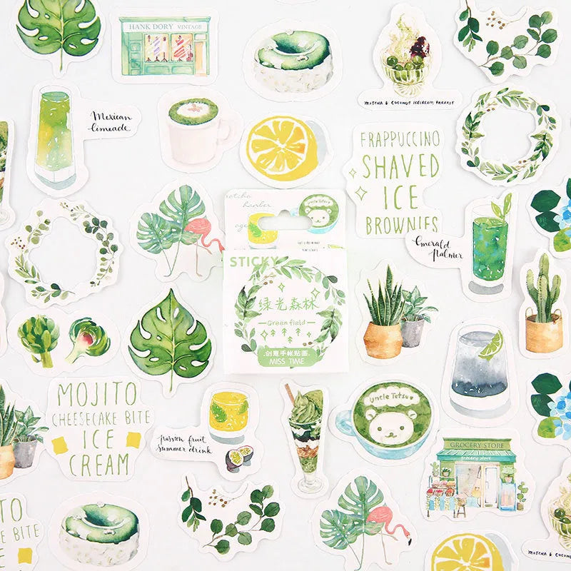 46-piece decorative cartoon sticker pack for journals with small 30x37mm designs in nine colour themes