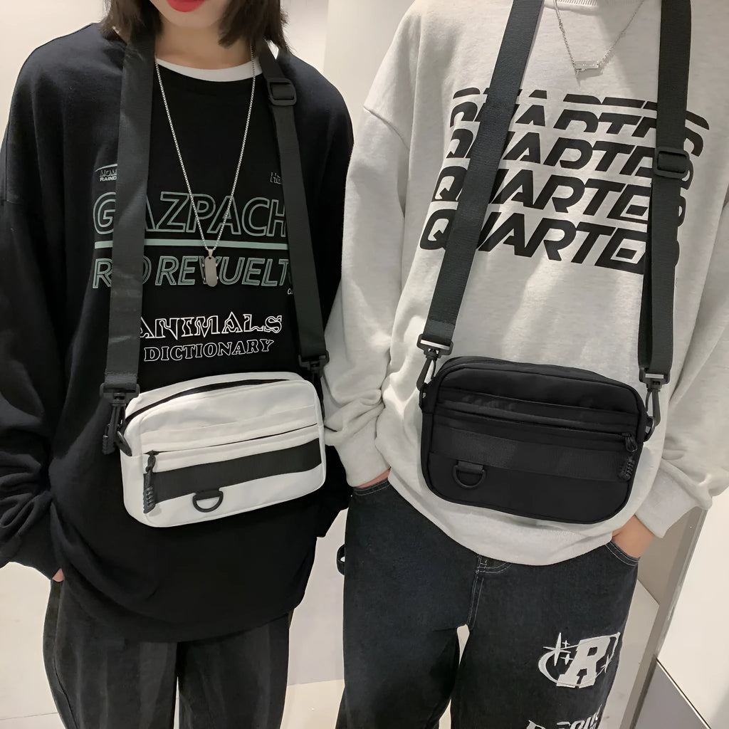 Men's nylon messenger bag in street style with crossbody strap and sewing thread details
