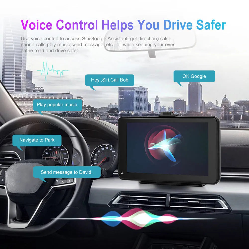 7-inch HD wired car screen player with universal dashboard mounting bracket and connection cables
