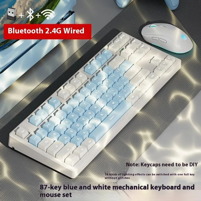 Triple-mode mechanical keyboard in various colour options showing 87-key and 108-key layouts