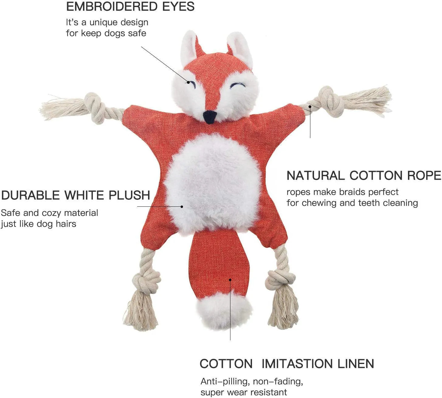 Brown fox-shaped plush dog toy with embroidered eyes, cotton rope limbs, and a squeaker.