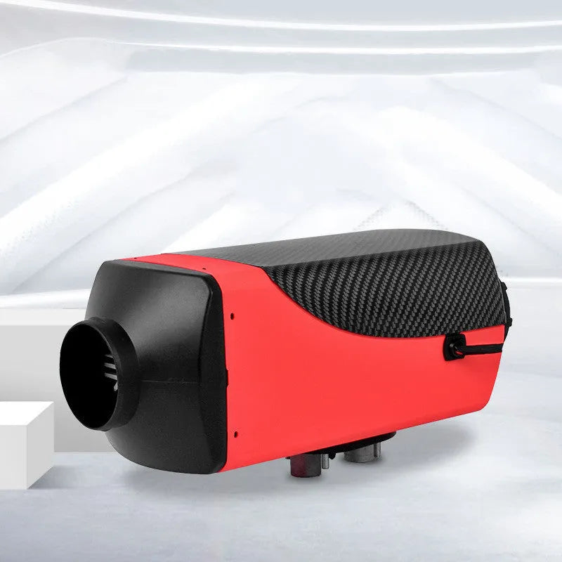 Red and black 12V 24V diesel auxiliary heater kit with fuel tank and components for vehicle installation.