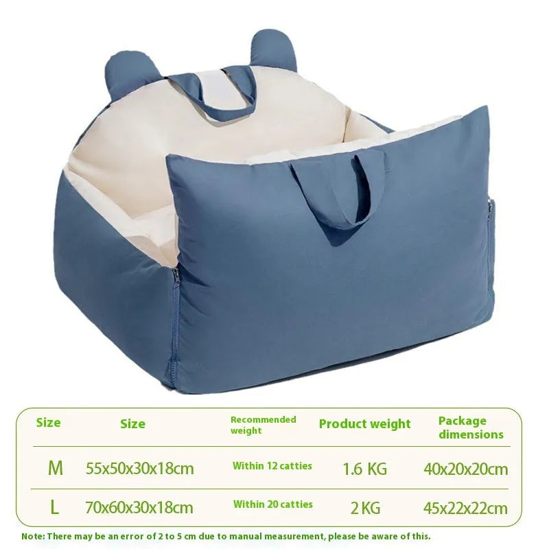 Removable washable dog car kennel in beige colour, shown in a vehicle boot with size dimensions labelled.