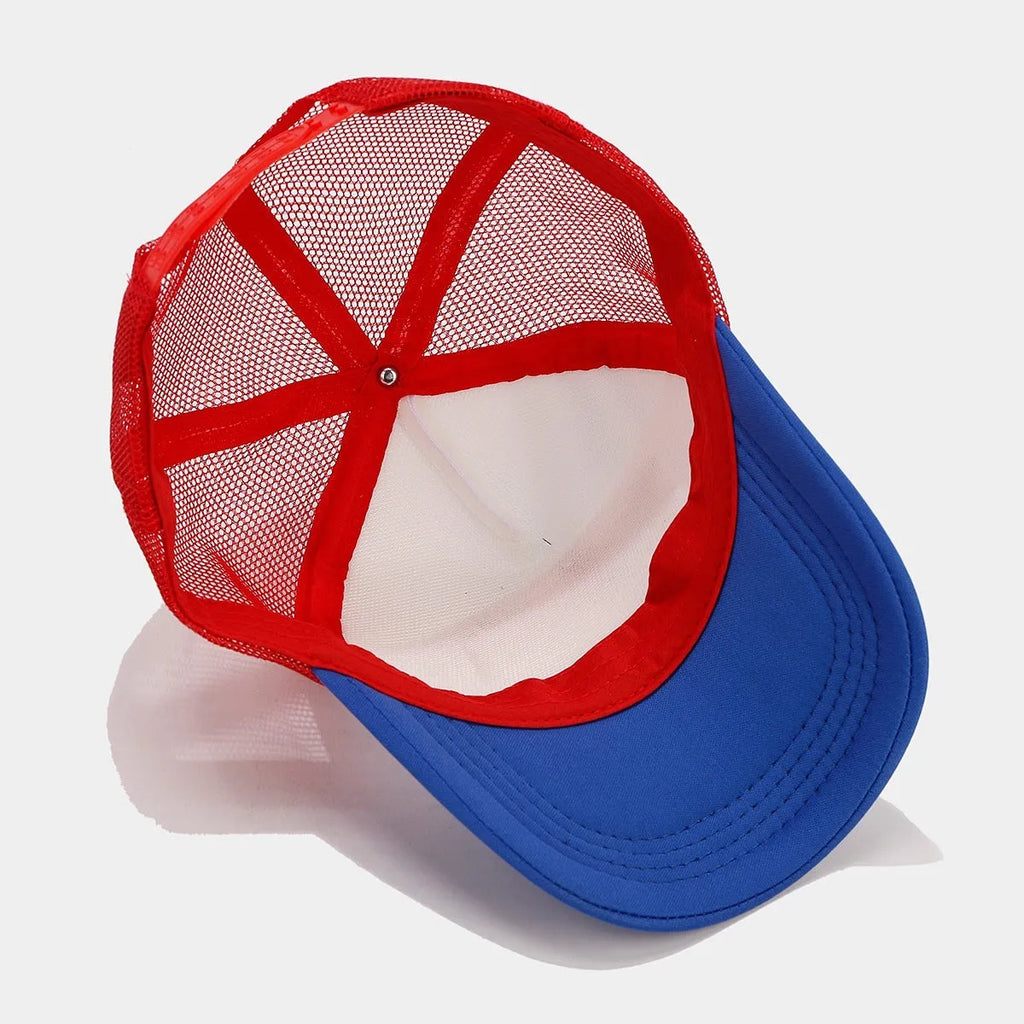 Red and blue contrast mesh breathable baseball cap with adjustable strap and dome crown design