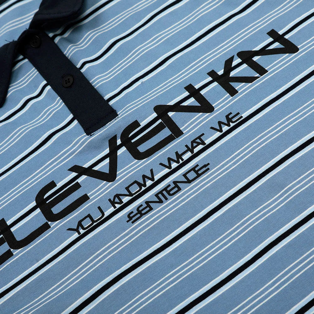 Blue stripe vintage pattern short sleeve cotton polo shirt with loose fit