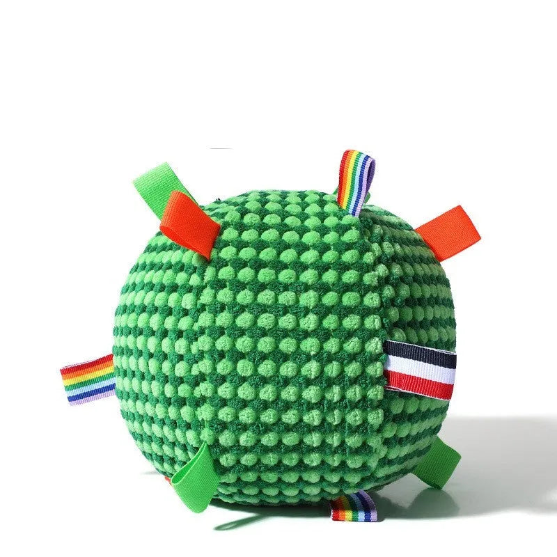 Blue and green pineapple lattice dog ball with ring, approximately 17cm diameter
