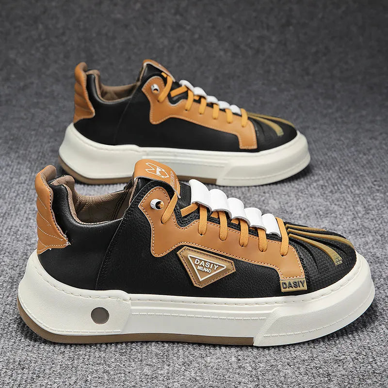 Men's beige low-top sneakers with elastic band closure and leather stitching detailing