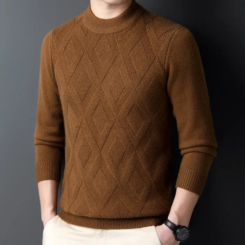 Men's thick diamond jacquard winter sweater in wool blend shown in light camel colour