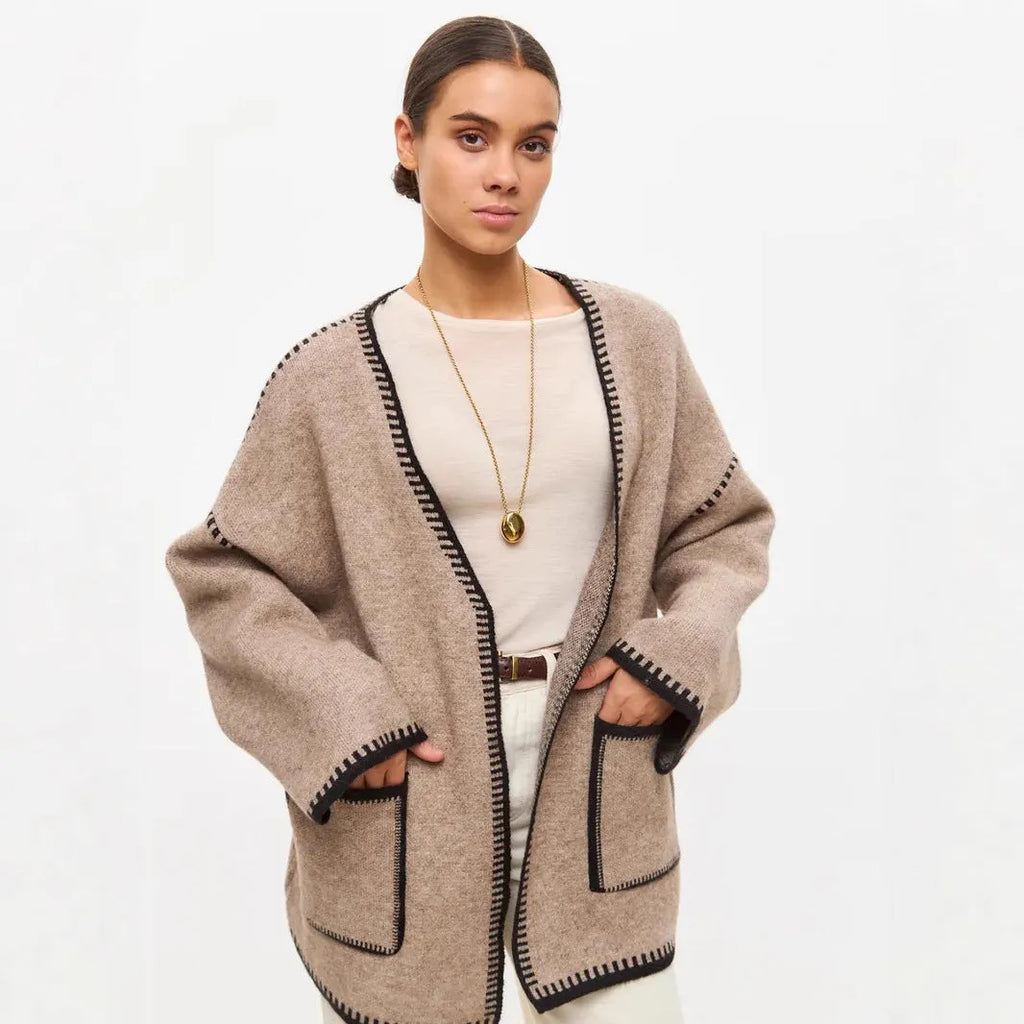 Lace-up knitted cardigan in camel colour with loose fit and mid-length design