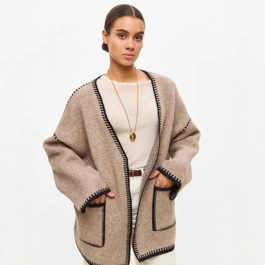 Lace-up knitted cardigan in camel colour with loose fit and mid-length design