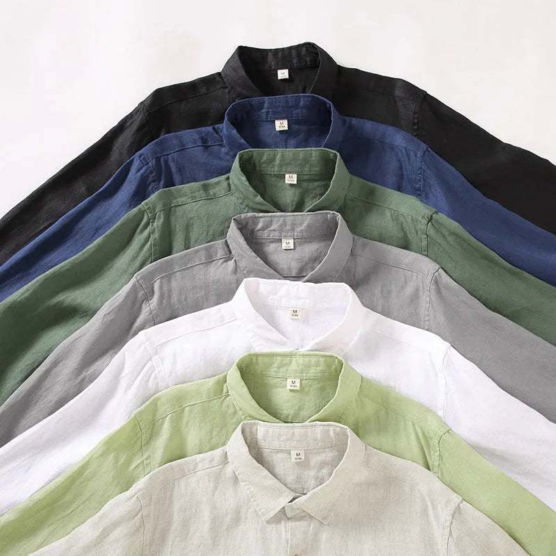 Long sleeve linen shirt in loose fit Chinese cardigan style available in seven colours