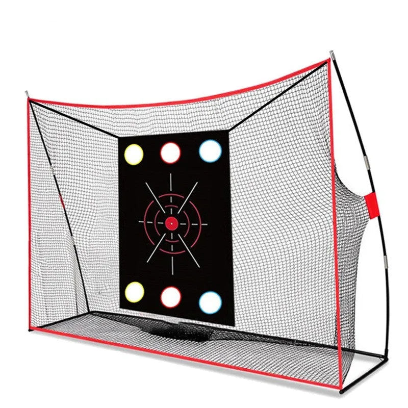 Golf swing wedge training net with 3-hole cross net, straw practice mat, and practice balls