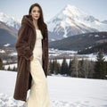 Women's plus size long faux fur coat in brown leopard print colour with 100cm length