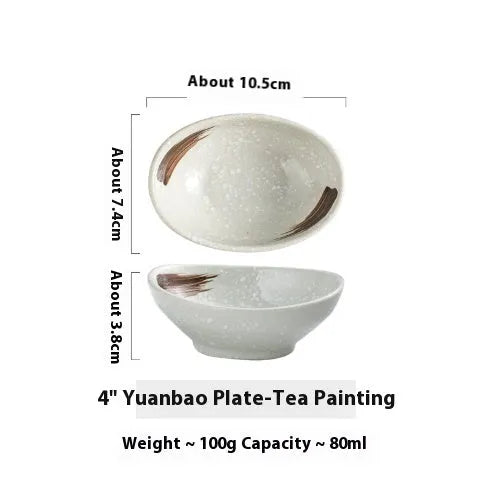 Oval Japanese ceramic sauce dipping bowl on a table, showing its 5cm height and decorative underglaze pattern.