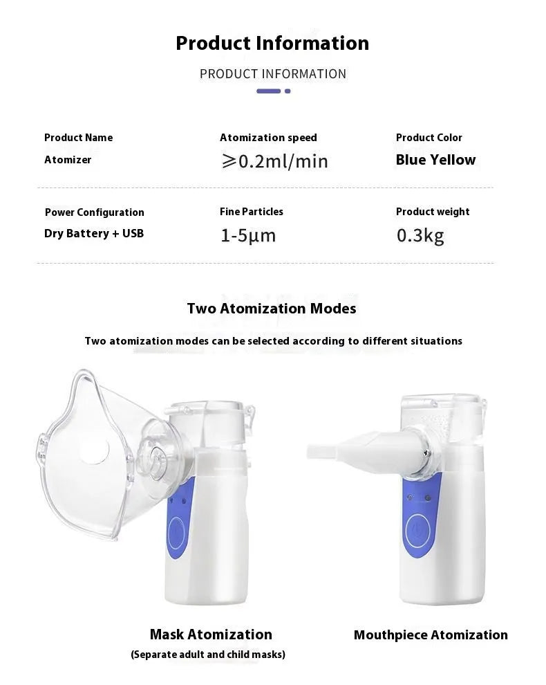 Handheld columnar USB nebuliser spray machine with a water tank, for quiet household use.