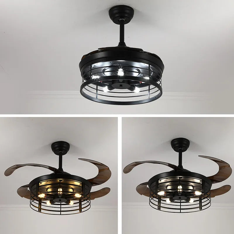 American retro style ceiling fan with integrated light and acrylic blades, shown with remote control.
