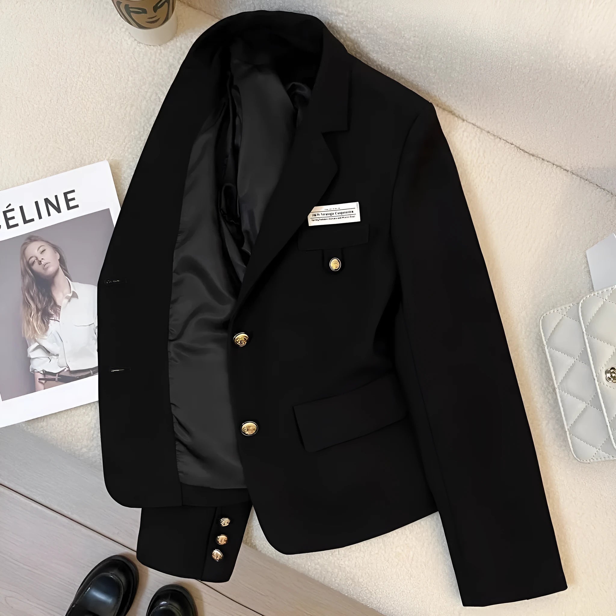 Black loose-fit women's short suit coat with front pockets on a hanger.