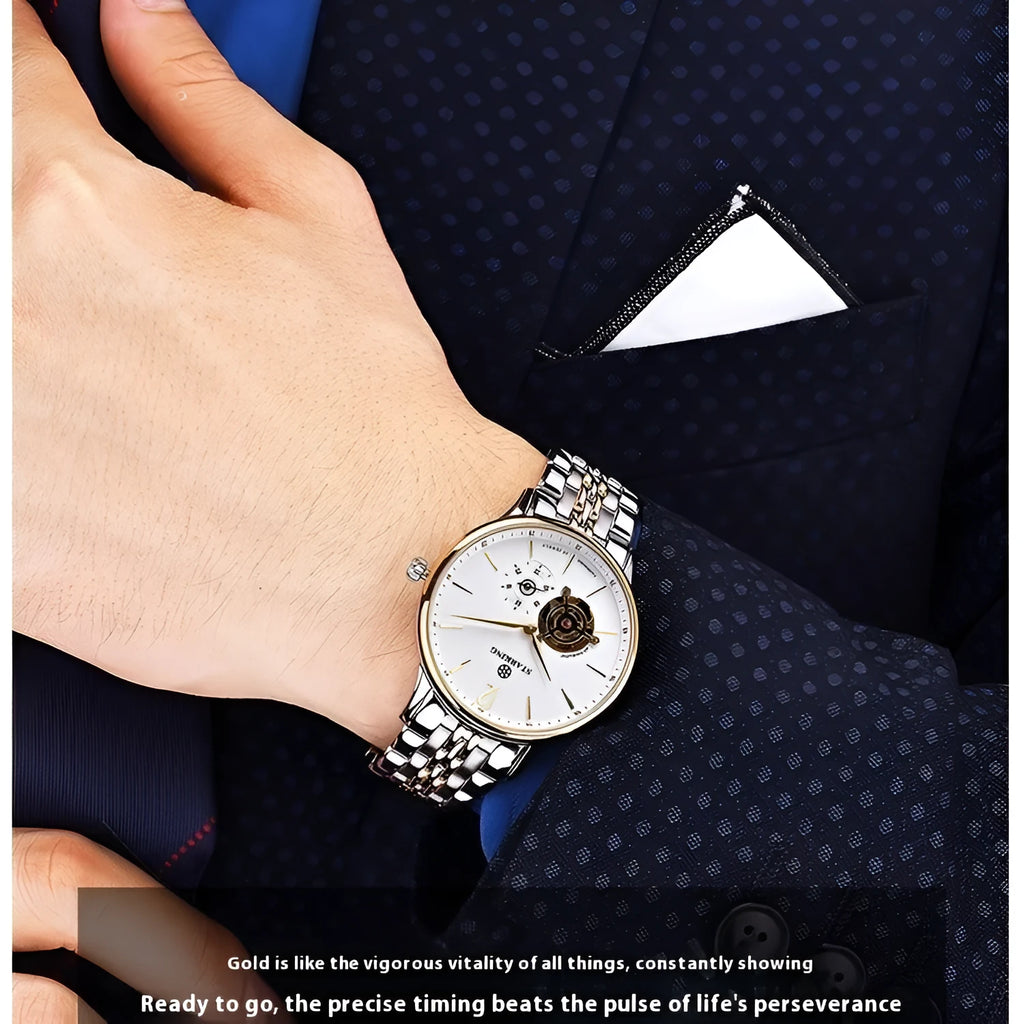 Automatic mechanical men's business watch with skeleton dial and brown leather strap