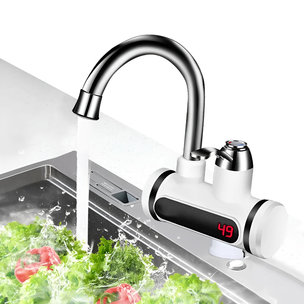 White kitchen instant electric water heater with digital temperature display and tap