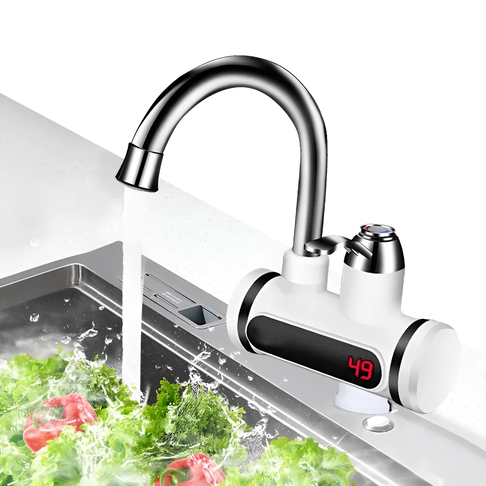 White kitchen instant electric water heater with digital temperature display and tap