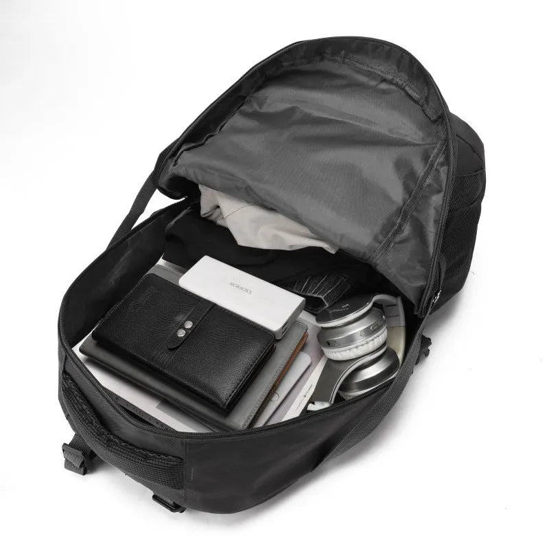 60L black nylon mountaineering backpack with letter print and air pillow belt