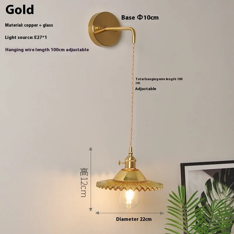 Brass lotus wall lamp with glass shade in six colour options