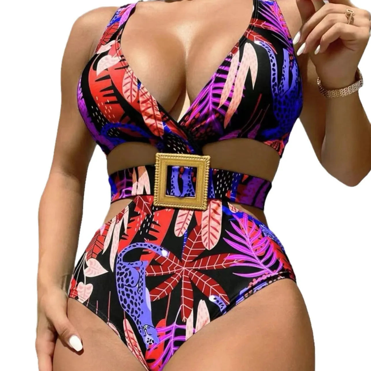 Women's one-piece high waist bikini swimsuit with straps in a printed polyester fabric