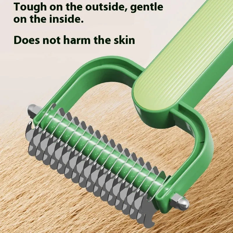 Green pet unknotting comb with stainless steel teeth and plastic handle for dog grooming