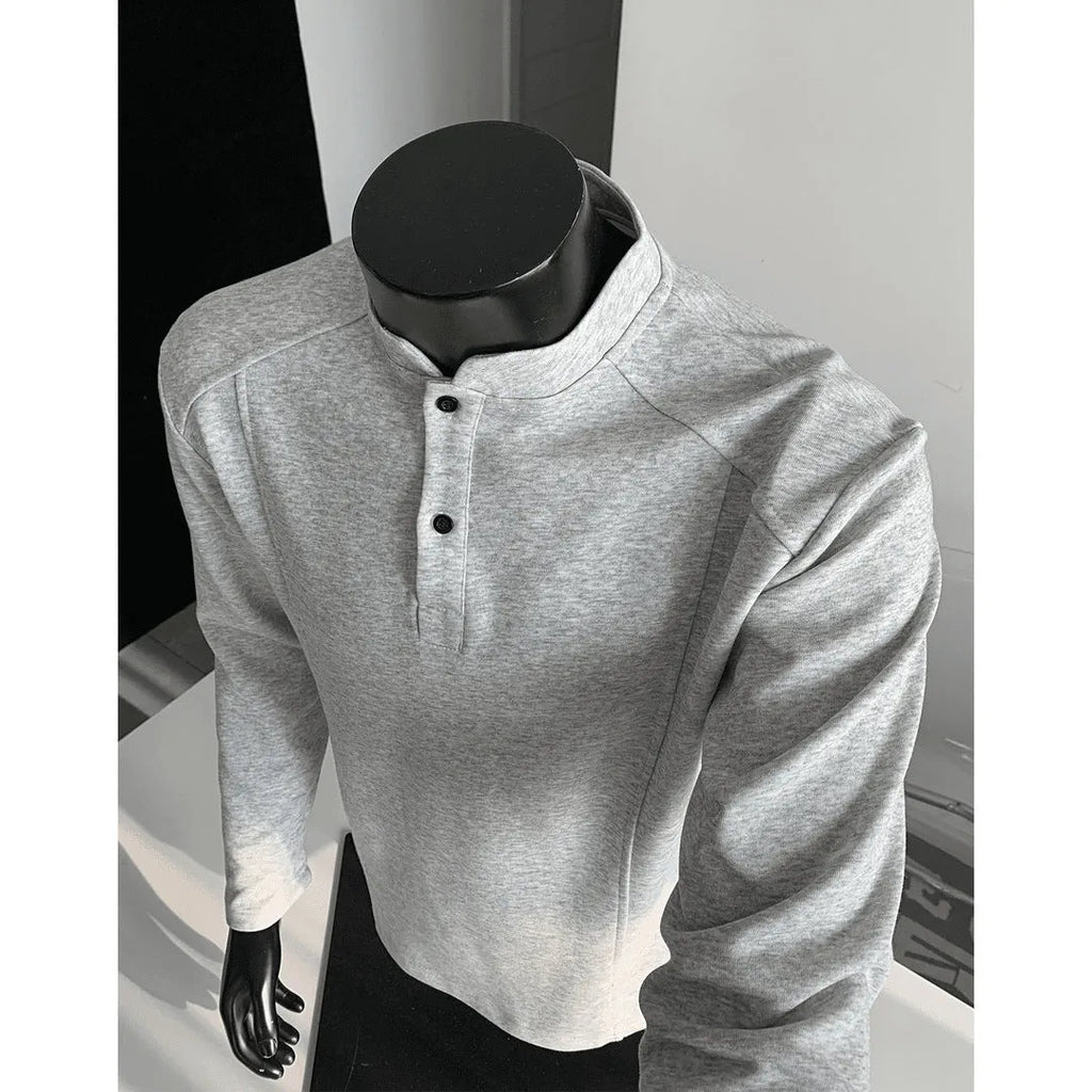 Men's polo shirt with stand-up collar and patchwork shoulder detail in loose fit