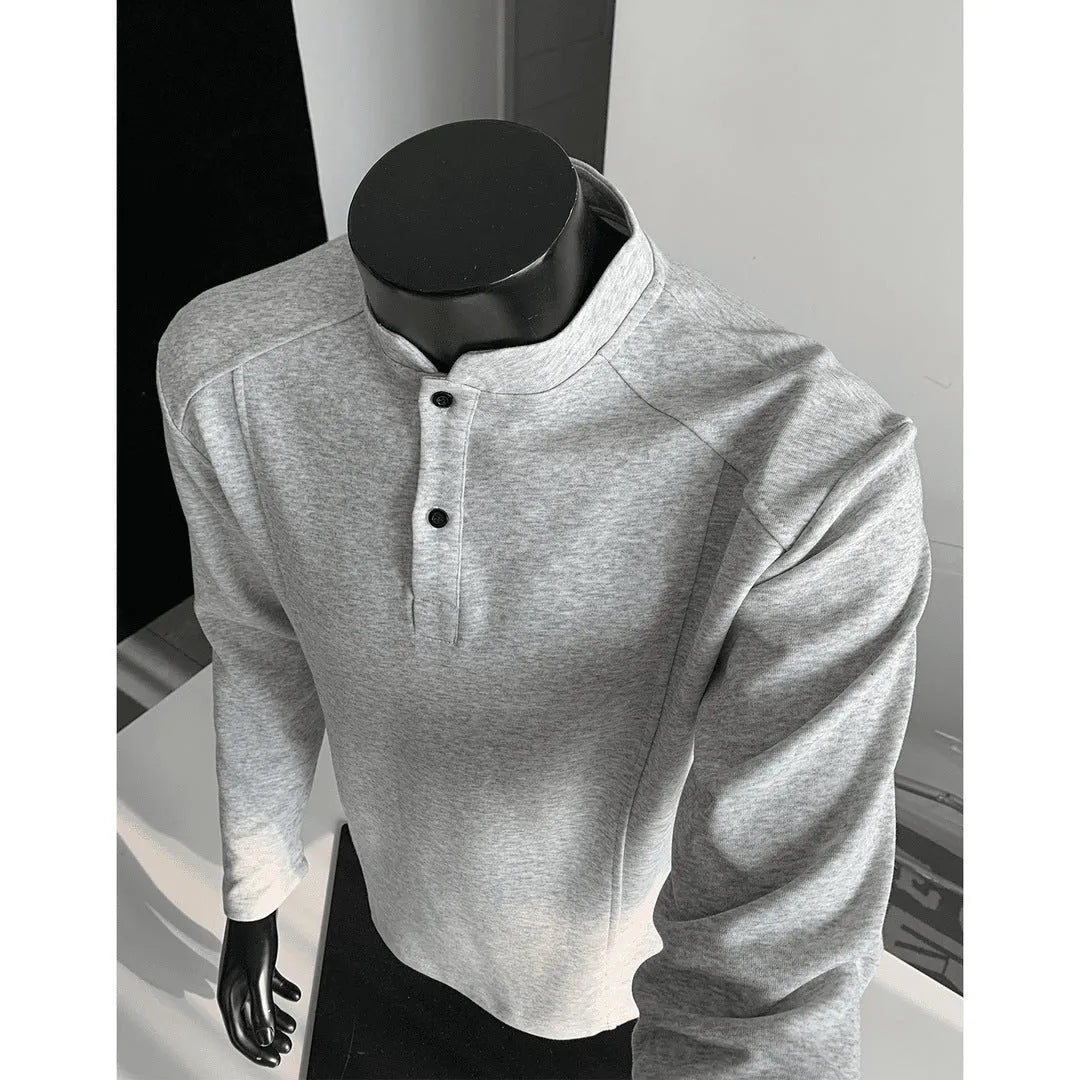 Men's polo shirt with stand-up collar and patchwork shoulder detail in loose fit