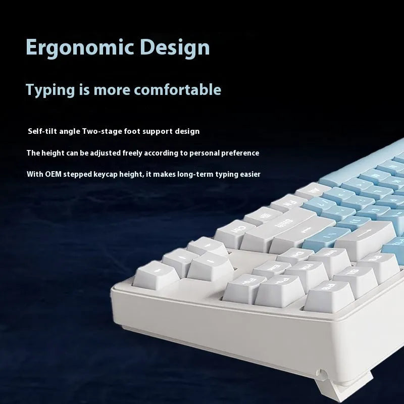 Triple-mode mechanical keyboard in various colour options showing 87-key and 108-key layouts