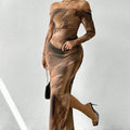 Long green mesh fishtail evening dress with a square collar, pleats, and a side split.