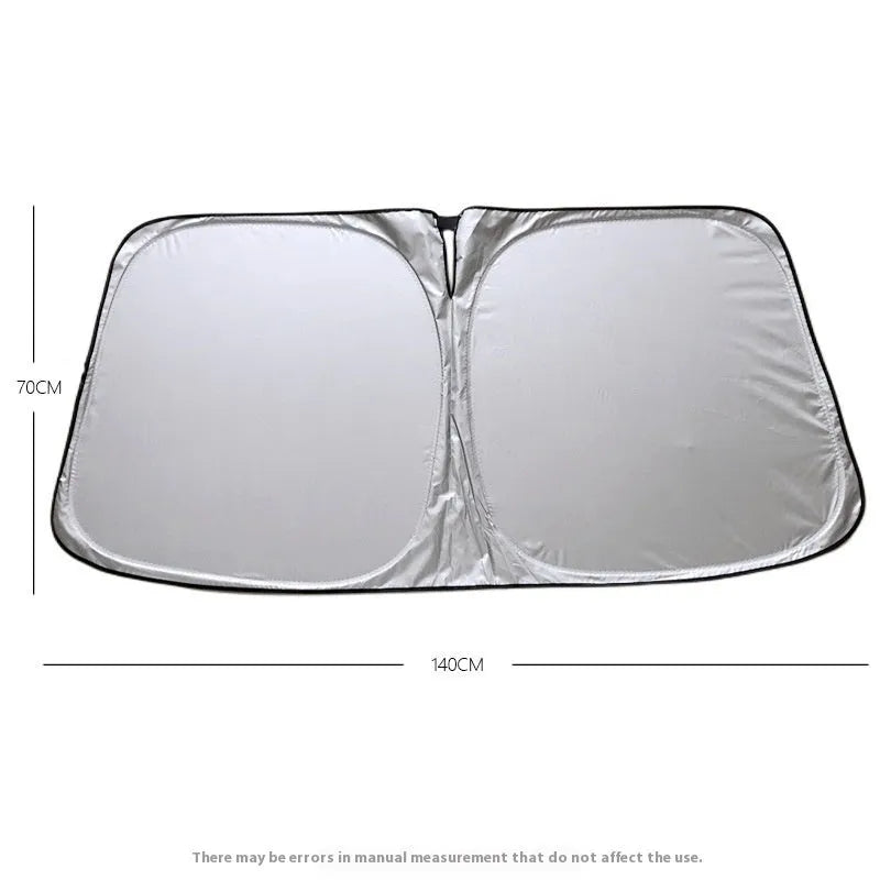 Aluminium foil car windscreen sunshade in titanium silver, shown folded and unfolded.