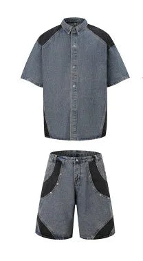Short sleeve vintage washed denim jacket and trouser suit set in blue