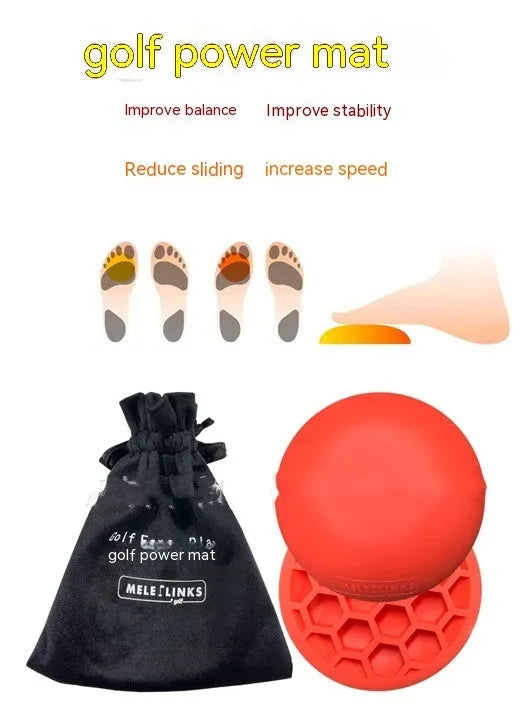 Orange natural rubber golf centre of gravity training mat on practice surface