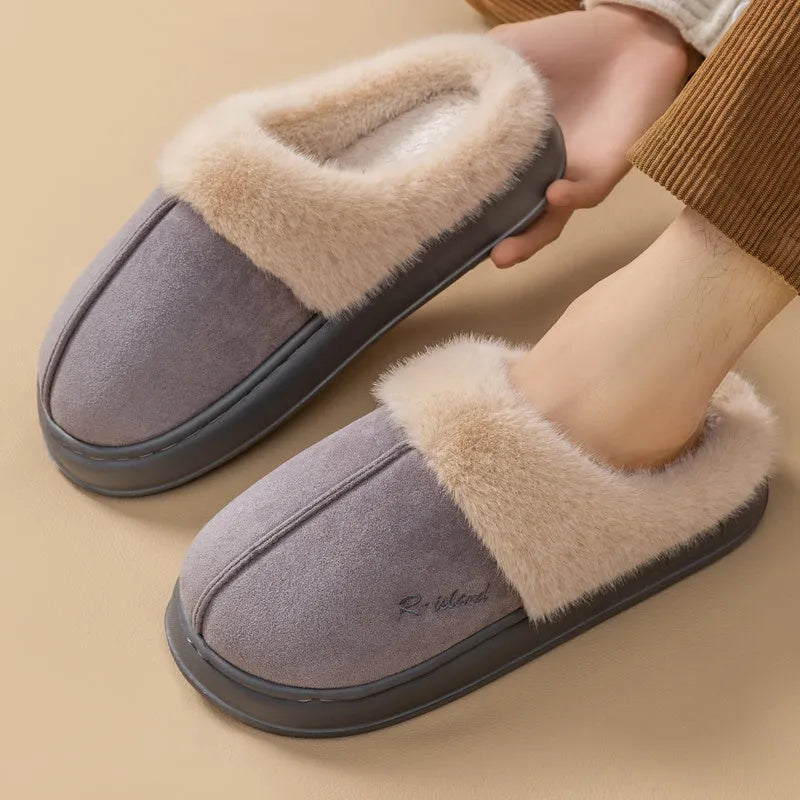 Fluffy winter slippers in gray with non-slip PVC sole, suitable for indoor home wear by men and women