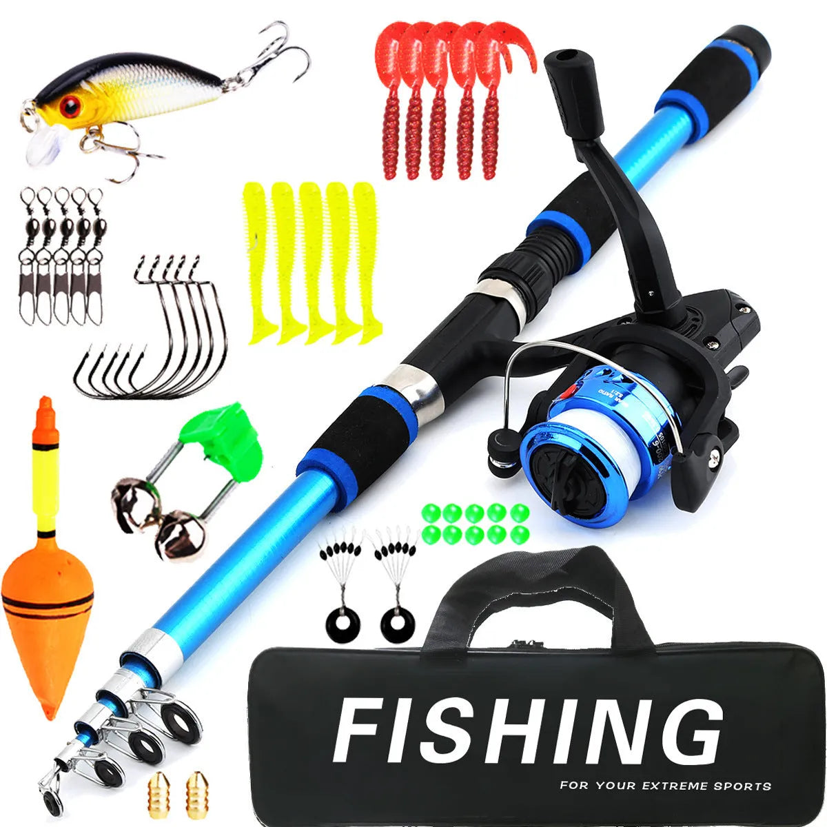 Children's fishing rod with integrated pole and wheel in blue, green, red or yellow colours