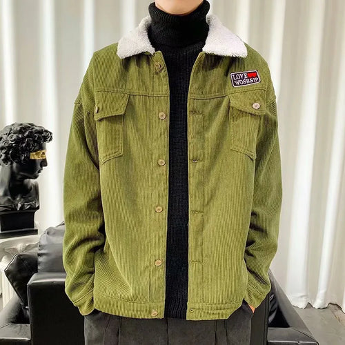 Men's loose fit corduroy workwear jacket in khaki colour with stick pockets and regular sleeves
