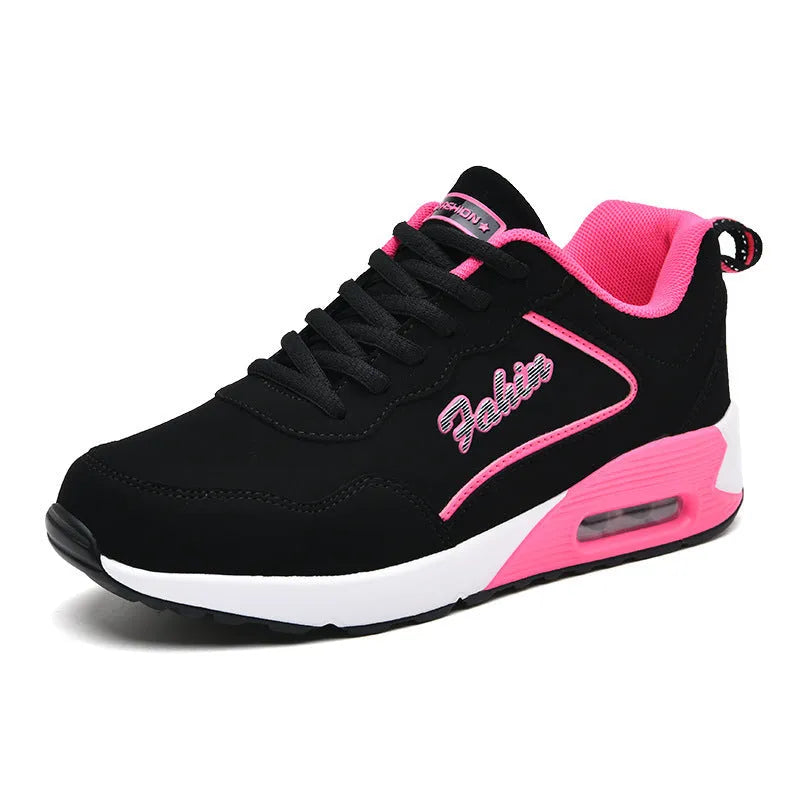 Women's spring leather air cushion sports shoes, flat heel, low top, lace-up, available in black pink and black purple colourways